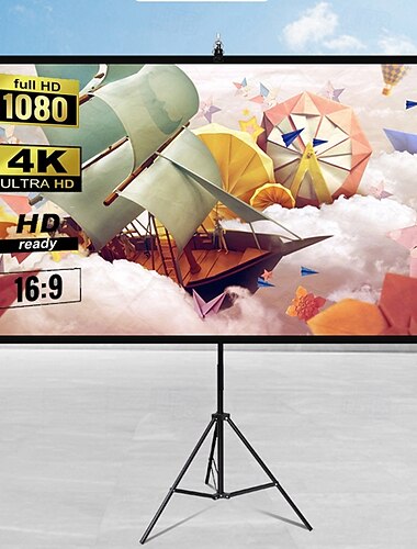 Projectiescherm met standaard, 16:9 HD 4K draagbaar projectiescherm voor binnen- en buitenbioscoop, opvouwbaar filmscherm met statief, in hoogte verstelbaar voor buitenbioscoop &kantoorpresentatie