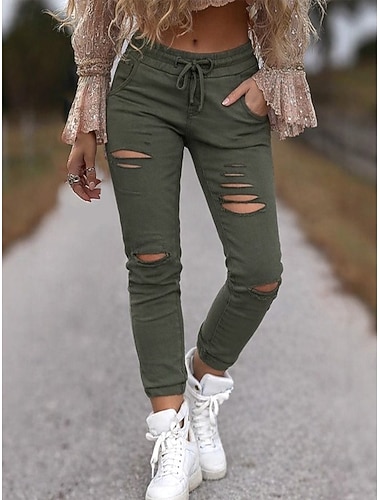  Mujer Ajustado Chinos Vacaciones Moda Ropa de calle Medio corto Alta cintura Plano rasgado Confortable Comodidad Suave Microelástico Exterior Vacaciones Calle Ejército verde Primavera Otoño Ajustado