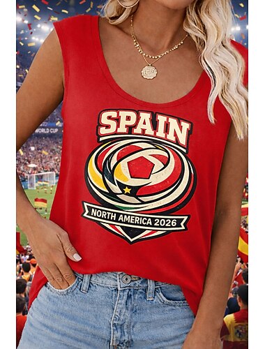  Top Feminino World Soccer Match 2026 Texturizado Waffle Knitted Gráfico Time de Futebol Vintage Tropical Estiloso Sem Manga Gola Redonda Tops Regulares Diários de Fim de Semana Azul Preto Vermelho