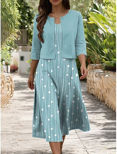  Damen Kleid-Set A Linie Kleid Elegant Lässig Grafik Geometrie Geschichtet Druck Midikleid Halbarm V Ausschnitt Täglich Blau Rosa Purpur Sommer Frühling Normale Passform