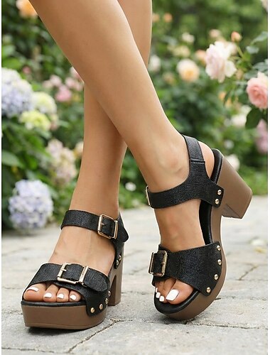  Zwarte sandalen met dikke hak en gesp voor dames – comfortabele platformschoenen met open neus voor casual gelegenheden, tuinfeesten en dagelijks gebruik.
