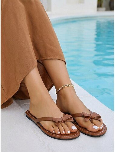  Schattige witte teenslippers met strik voor dames - elegante, dunne, platte sandalen met bandjes en een decoratieve knoop, perfect voor luxe hotelvakanties en ontspanning aan het zwembad. &zomer