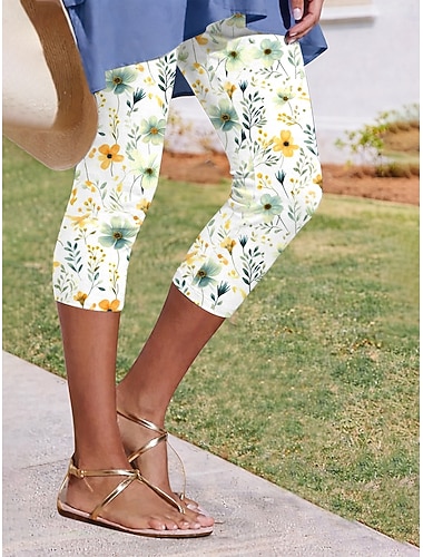  Damen Chinos Leggings Urlaub Mode Streetwear Wadenlang Hohe TaillePantsAmerikanischer Unabhängigkeitstag Blumen Grafik Komfort Weich Bequem Dehnbar Täglich Outdoor Urlaub Violett Gelb Blau Sommer