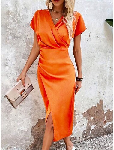  Damen Midikleid Figurbetontes Kleid Halbformelle Kleider Büro Normale Passform Einfach Kurzarm V Ausschnitt Blau Gelb Rosa Wein Sommer Frühling