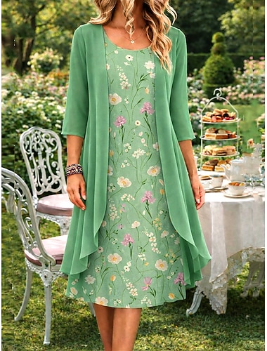  Damen Kleid-Set A Linie Kleid Elegant Urlaub Blumen Grafik Geschichtet Druck Minikleid Halbarm Rundhalsausschnitt Täglich Blau Rosa Grün Sommer Frühling Normale Passform