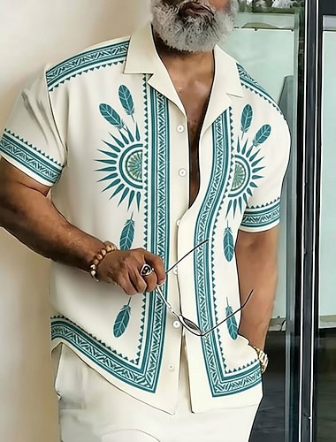  Herren Geometrisches Muster Ethnisch Sonnentotem Hemd Knopfhemd Camp-Kragenhemd Kurzarm Vintage-Retro Streetwear Urlaub Sommer Frühling Kubanisches Halsband 3D-Druck Blau Rosa Grün Khaki