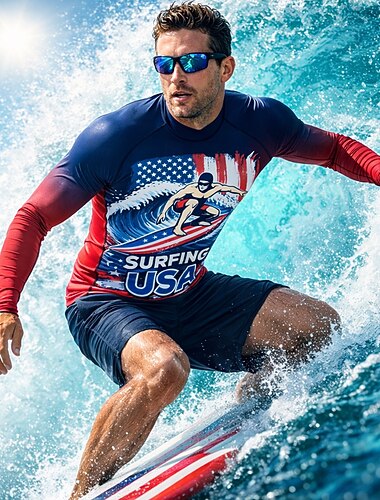  Herren Hell Standard Amerikas 250. Jahrestag Tag der Unabhängigkeit Anti UV Shirt T-Shirt zum Schwimmen Nationalflagge UPF50+ UV Schutz Schnelltrocknend Langarm Bademode Schutz gegen Hautausschlag