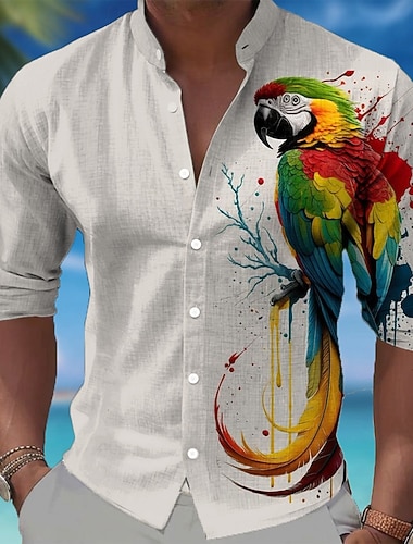  Herre Dyr Fugl Papegøye Skjorte Hawaiiskjorter Skjorte med stativ krage Langermet Hawaiisk Avslappet Feriereise Vår Høst Kinesisk Krave Båndkrage 3D-utskrift Skjorter med knapper Blå Hvit Grønn