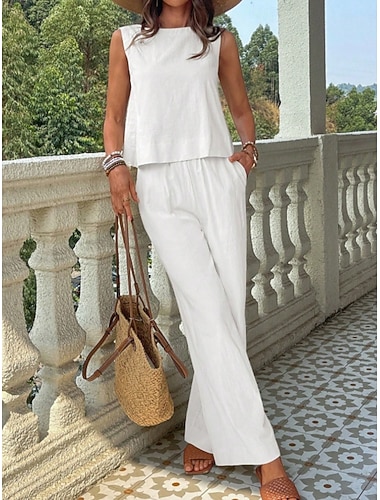  Per donna Set di biancheria in cotone Set da due pezzi Set di Pantaloni Senza Maniche Girocollo Semplice Moda Streetwear Casuale Quotidiano All'aperto Bianco Giallo Cachi Estate Vestibilità regolare