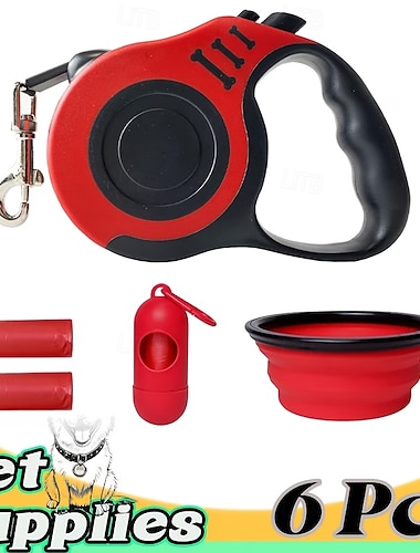 Conjunto de 6 peças para viagem com animais de estimação, incluindo coleira retrátil automática, guia tratora, prática e com alça antiderrapante, adequada para cães de pequeno e médio porte.