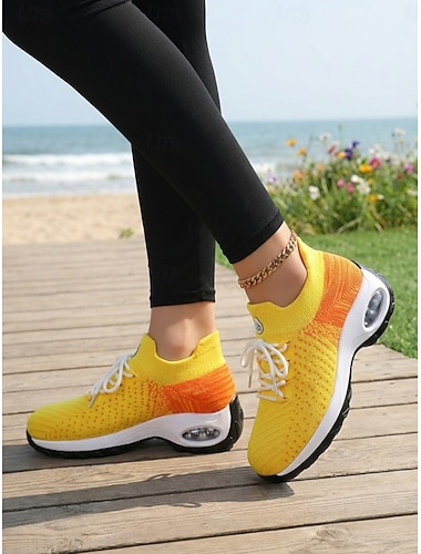  gule strikkede løpesko til dame – pustende, lette atletiske tursko med luftputesåle, komfortabel sporty stil, ideelle for løping, treningsstudio, reiser, fitness og hverdagsbruk