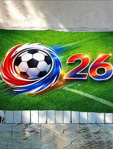  2026 fotbollstema flagga - med dynamisk fotboll och färgvirvel &"26" på grönt gräsbakgrund, hållbar