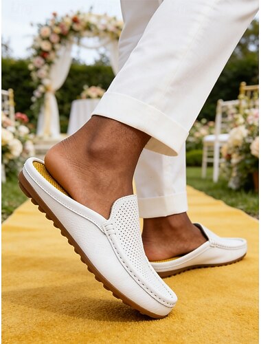  Mocassins blancs pour homme, mules perforées, chaussures habillées légères et respirantes, sans talon, idéales pour le marié, ses garçons d'honneur, les mariages à la plage, les cérémonies dans un jardin et les réceptions.