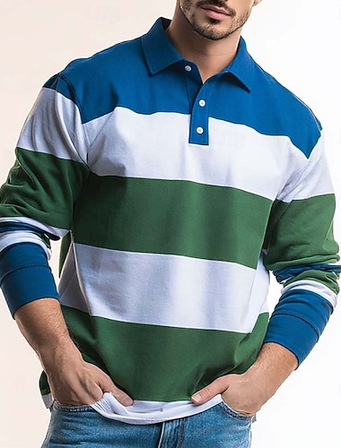  Herren Horizontale Streifen Rugby-Poloshirt Langarm Polo-Shirts Hemden mit Kragen Lässig Outdoor Athleisure 3D-Druck Frühling Herbst Blau Rote Braun