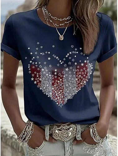  Amerikaanse onafhankelijkheidsdag Dames T-shirt Afdrukken Grafisch Vlag Brief Vintage Stijlvol Klassiek Korte mouw Strakke ronde hals Normale tops Dagelijks blauw Zwart Wit Rood Marineblauw Zomer