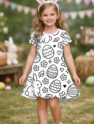  Påsk Flickor 3D Grafisk Kanin Klänning Kortärmad 3D-tryck Sommar Vår Dagligen Semester Fest söt stil Grundläggande Ledigt Barn 4-12 år Vardagsklänning A linjeklänning Knälång Normal