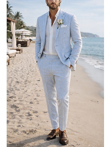  Menn Smokings Seersucker-drakter Strandbryllup Vårbryllup Gul Rosa Vår sommer Dress Hakkjakkeslag Fritid Formelt Stripet Skreddersydd 2-delt sett Enkelt Brystet To-knapp