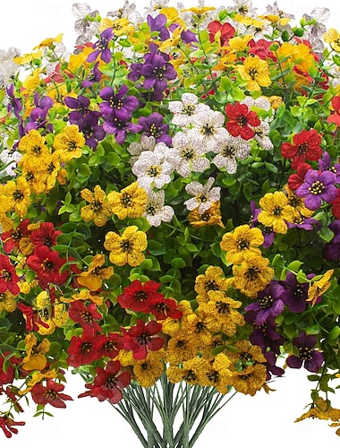  8 Bündel künstliche Pflanzen und Blumen für die Frühlingsdekoration im Freien, bunte, violette, UV-beständige Kunstseide, realistisch, für Veranda, Terrasse, Haus, Hof, Garten, Pflanzgefäße, Töpfe, Fensterkasten (Mix)