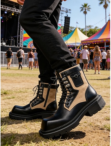  Bottines de combat noires pour homme, à lacets et boucle, semelle épaisse, idéales pour les festivals de musique, les concerts, le streetwear, les événements en extérieur, les soirées et un style décontracté et tendance.