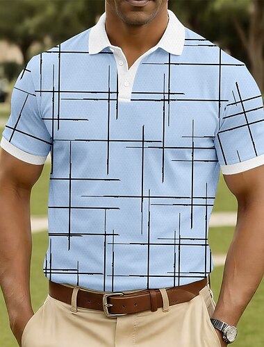  Men's Geometic Line Polo Shirts Short Sleeve Polo Shirts Collared Shirts Casual Athleisure Buttons Summer Spring Blue White Brown