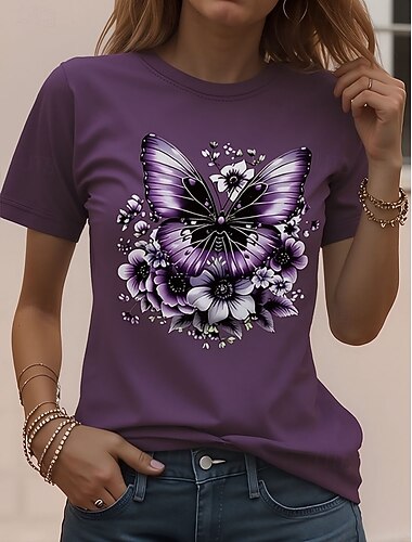  Femmes T-shirt Imprimé Fleuri Élégant Classique Occasionnel Manche Courte Col ras du cou Col rond Hauts Réguliers Quotidien Bordeaux Jaune Rose Claire Violet Été Printemps