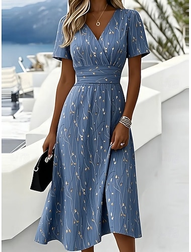  Damen Midikleid Shiftkleid Urlaub Lässig Boho Täglich Sommerkleid Frühlingskleid Normale Passform Grafik Abstrakt Kurzarm Rundhalsausschnitt V Ausschnitt Blau Rote Purpur Grün Sommer Frühling
