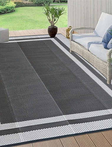  vanntett utendørsteppe 1,5 x 2,4 m, vendbart plastteppe, moderne teppe, stor gulvmatte for utendørs bruk, bobil, terrasse, bakgård, dekk, piknik, strand, camping, grå