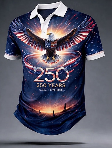  4. Juli 2026 250. Herren Amerikanische US-Flagge Poloshirts Kurzarm Polo-Shirts Revers Lässig Athleisure Alltagskleidung Festival-Outfit 3D-Druck Knöpfe Sommer Frühling Blau Rote Grau