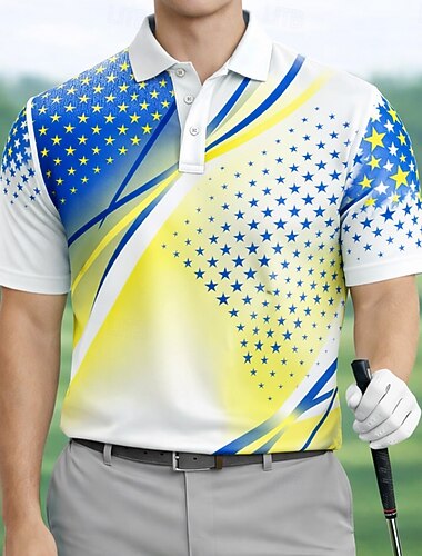  בגדי ריקוד גברים גאומטרי גולף חולצות פולו ספורט שרוולים קצרים חולצות פולו חולצות עם צווארון יום יומי בגדי ספורט ומנוחה כפתורים אביב קיץ פול שחור סגול