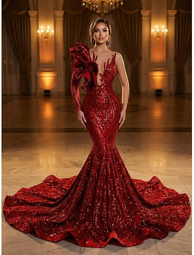  Havfrue Katedralen Train Ballkjoler Kveldskjoler Ballkjole Formell kjole Elegant Glitrende Langermet Enskuldret Engasjement Formell kveld Paljetter med Paljett