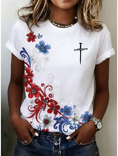  Amerikaanse onafhankelijkheidsdag Dames T-shirt Kleurenblok Afdrukken Grafisch Amerikaanse vlag Vintage Stijlvol Klassiek Korte mouw Strakke ronde hals Ronde hals Normale tops Dagelijks Weekend Wit