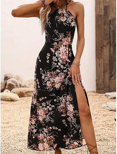  Per donna Abito maxi Abito Boho Vestito Casual Abito con Collo Allacciato Elegante Moda Moderno Vacanza Uscire Weekend Vestibilità regolare Floreale Senza Maniche All'americana Blu Nero Marrone
