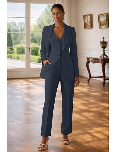  Dames 3-delige pakken Formeel Bruiloft gast Stretch crêpe Elegant Vintage Eenvoudig Lange mouw Tot de grond Piek revers