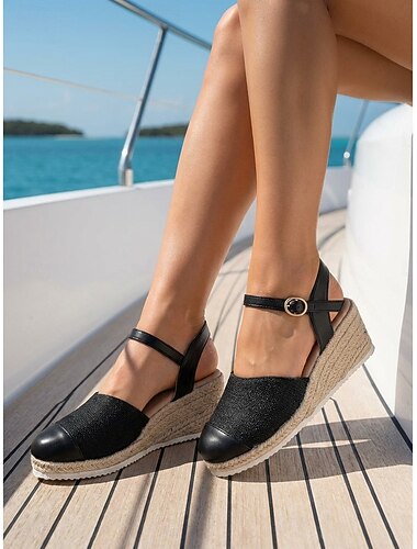  Espadrilles compensées classiques en toile noire pour femmes - sandales à plateforme bicolores élégantes à bout contrastant et bride cheville, idéales pour les croisières et les voyages en yacht.