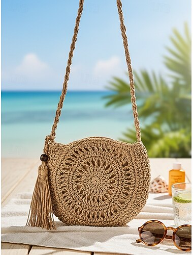  Ronde boho schoudertas voor dames van geweven stro met kwastje, beige en kaki kleuren, lichtgewicht crossbodytas voor de zomer, perfect voor vakantie, reizen en dagelijks gebruik.