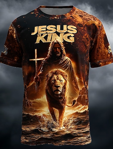  T-shirt homme Bible Jésus Roi Lion de Juda Croix Vagues Puissant Chrétien Religieux Impression Totale T-shirt Manches Courtes Col Rond Église Cadeau Spirituel Tee Vêtements Designer