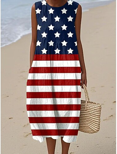  Amerikaanse onafhankelijkheidsdag Dames Halflange jurk Hemdjurk Zonnejurk Vakantie Feest Casual Dagelijks Normale pasvorm Ruim Passend Vlag Mouwloos Strakke ronde hals blauw Wit Ivoor Donker Rood