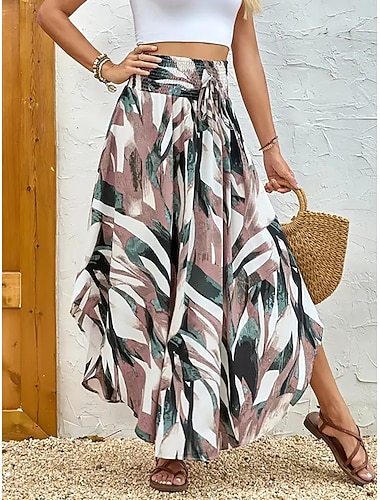  Damen Urlaubsrock Elegant Bohemien Mode Lässig Maxi Mittlere Hüfthöhe Röcke Grafik Geometrisch Kordelzug Elastischer Bund Unregelmäßiger Saum Mikroelastisch Täglich Urlaub Dunkelgelb Dunkelviolett