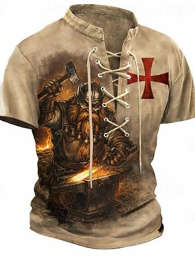  Herren Kreuzritter Wikinger Zwerg Schmied Mittelalter Vintage T-Shirt All Over Print Schnüren V-Ausschnitt Retro Kurzarm Oberteil Streetwear Designer Kleidung Apparel