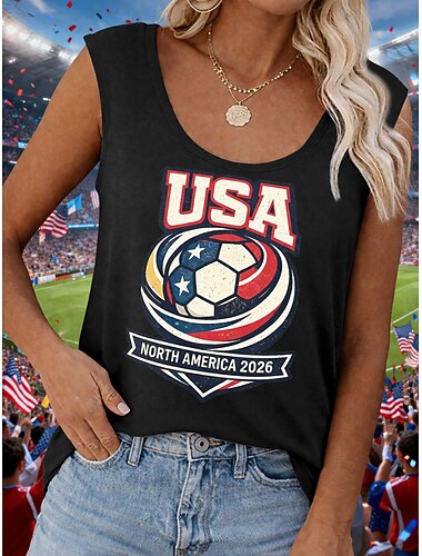  Weltfußballspiel 2026 Damen Tanktop Texturiertes Waffelstrick Oberteile Grafik Fußballteam Vintage Tropisch Stilvoll Ärmellos Rundhals Reguläre Oberteile Tägliche Wochenende Blau Schwarz Weiß Rot Grau