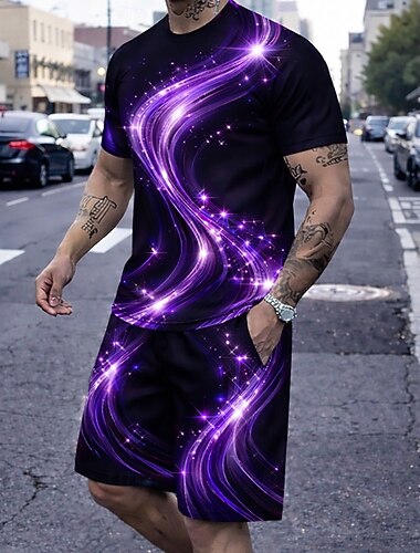  Herre Geometrisk Linje 2stk T-shirts sæt Sommertoppe Kortærmet Korte bukser Rund hals Sport Afslappet Hverdag Afslappet udendørs Ferierejse I-byen-tøj 3D-udskrivning Sommer Blå Sort Rød