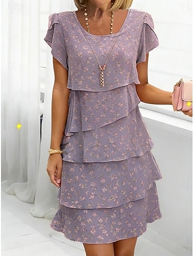  בגדי ריקוד נשים שמלה באורך הברך שמלת קז'ואל שמלת אורח לחתונה שמלת שיפון שמלה פרחונית אלגנטית אופנתי קלסי בָּחוּץ חופשה ליציאה רגיל פרחוני שרוולים קצרים צווארון עגול קצר צהוב סגול חאקי קיץ אביב