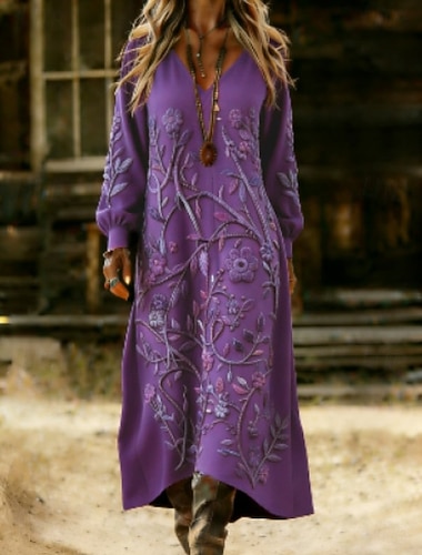  Dame Maxikjole Boho-kjole Vintage kjole Uformell kjole Årgang Daglig utendørs Feriereise Normal Blomstret Langermet V-hals Lilla Vår Høst