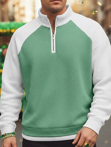  Herren Waffel-Poloshirts Polo Lässig Formell Gebänderter Kragen Langarm Mode Einfarbig Texture Knöpfe Rein Herbst Frühling & Herbst Herbst Winter Normale Passform Schwarz Hellgrün Marineblau Purpur