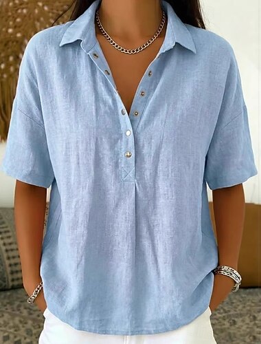 Femmes Chemise ancien Élégant Manche Courte Col Rabattu Hauts Réguliers Quotidien Travail Fête Bleu Noir Blanche Rose Claire Marron clair Été Printemps