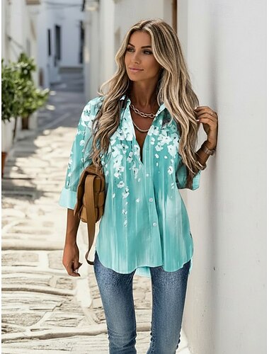  Chiffon-Hemd für Damen mit leichtem Farbverlauf und Blumendruck, lässig, Button-Down, lange Ärmel, Reverskragen, Oberteile, Bluse, atmungsaktiv, entspannte Passform, mehrere Größen