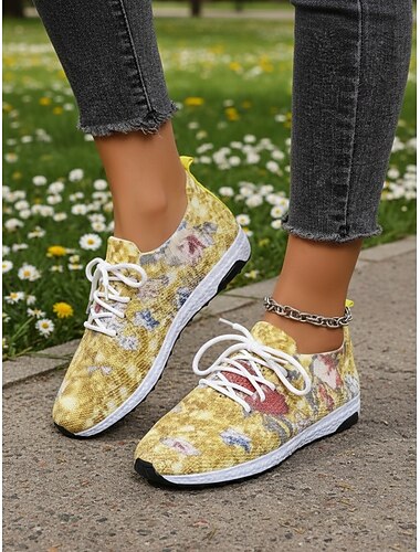  gule blomsterprint strikkede sneakers til dame – lette, pustende fritidssko med polstret, sklisikker såle, moteriktige tursko for reiser, utendørs og hverdagsbruk