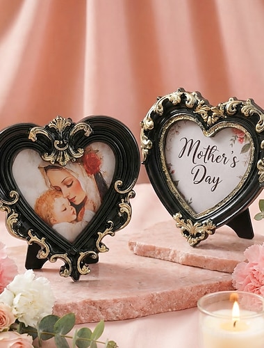  Schwarzer, goldfarbener, herzförmiger Bilderrahmen aus Kunstharz zum Muttertag, handbemalt, Tischdekoration, für Zuhause, Partys, Hotels, Restaurants, als Fotorequisite, Geschenk für Mama