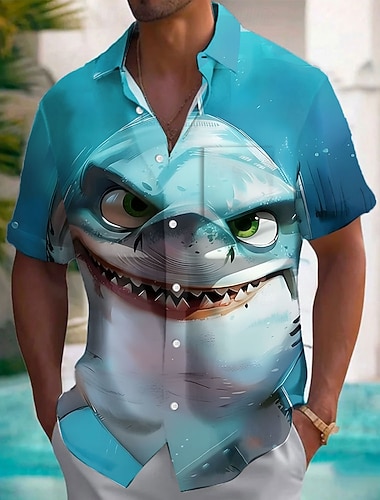  Homens Animal Tubarão Engraçado Camisa havaiana camisa de botão Camiseta Aloha Manga Curta Havaiana Férias Verão Primavera Aberto para a Lateral Impressão 3D camisas de colarinho Um bolso frontal