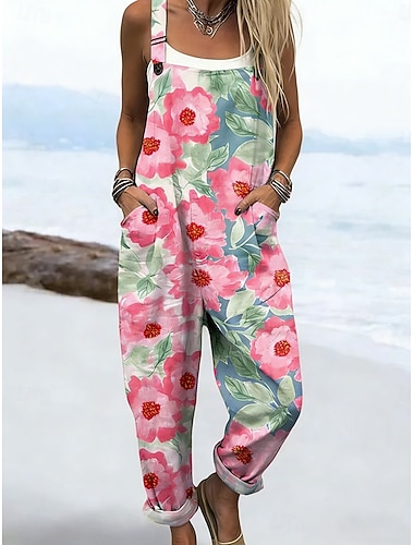  Damen Overall Aktiv Blumen Ärmellos Ärmellos Quadrathals Tasche Druck Täglich Strand Lässiger Schnitt Rosa Sommer